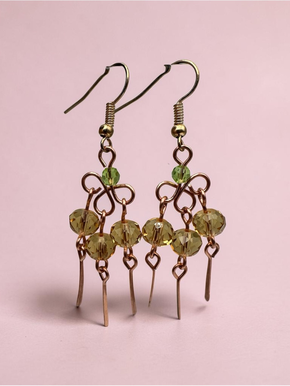 Yellow Green Crystal Dangle Earrings Handmade Copper Wire Boho Jewelry
